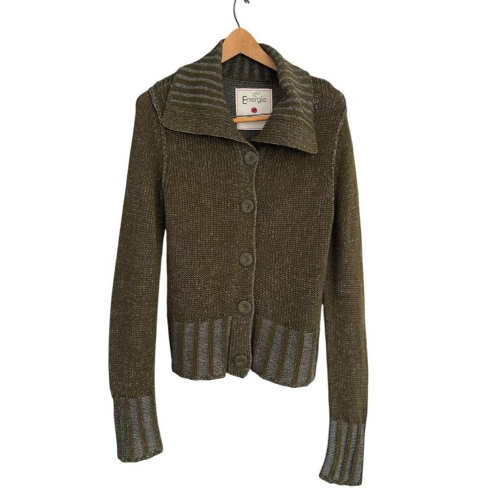 Energie olive green acrylic knit cardigan blue striped cuffs and hem, size M